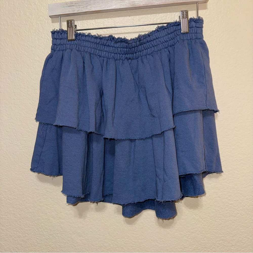 American Eagle Aerie Blue Solid Terry Cloth Cotton Tiered Mini Skirt Medium